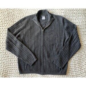 HOLT RENFREW 100% Cashmere Grey Ribbed Zip Cardigan Pockets Made in Italy LARGE